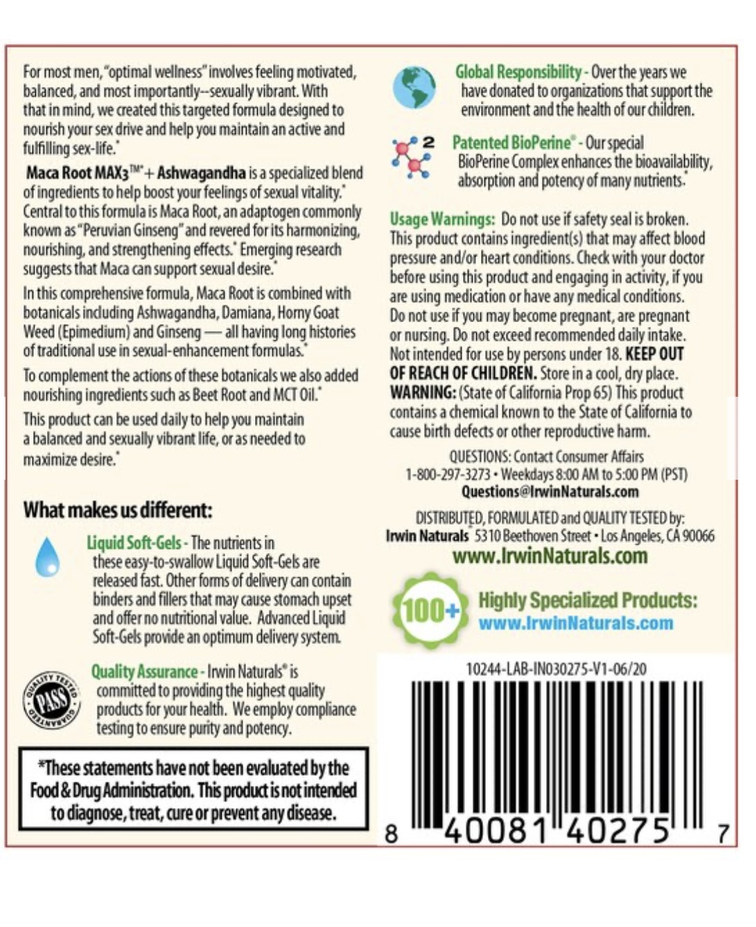 ماکا و آشواگاندا ارواین نچرالز Irwin Naturals (60 عددی)