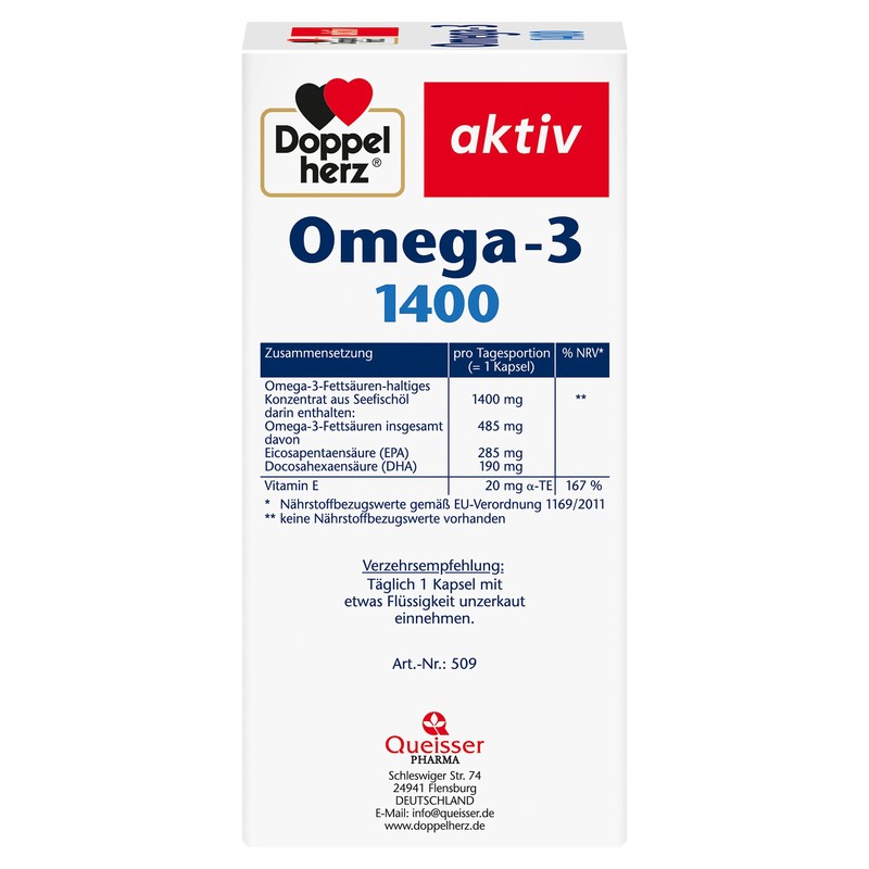 Doppelherz Omega-3 1400 mg - دوز بالا امگا 3 کنسانتره به علاوه ویتامین E - محتوای بالای اسیدهای چرب امگا 3 - ۳۰ کپسول