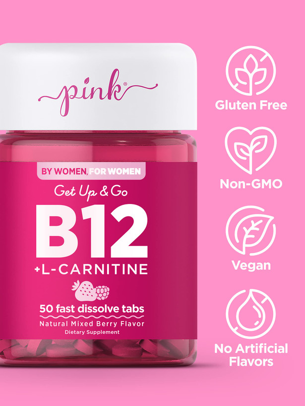 ویتامین B12 صورتی | 4000mcg | 50 قرص با انحلال سریع | مکمل زیرزبانی وگان، غیر GMO و بدون گلوتن | طعم توت | پلاس ال کارنیتین