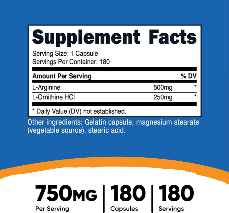 آرژنین و اورنیتین 750 میلی گرم ناتری کاست 180 عددی Nutricost L-Arginine L-Ornithine 750mg; 180 Capsules
