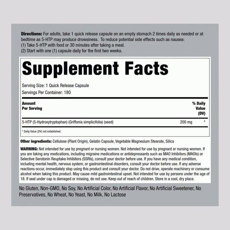 هیدروکسی تریپتوفان 5 اچ تی پی پایپینگ راک 200 میلی گرم 180 عددی Piping Rock 5HTP 200mg Capsules | 180 Count | Hydroxytryptophan