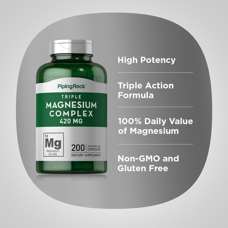 منیزیوم کمپلکس پایپینگ راک Piping Rock Triple Magnesium Complex | 420 mg | 200 Capsules | Magnesium Oxide, Citrate, and Aspartate Supplemen