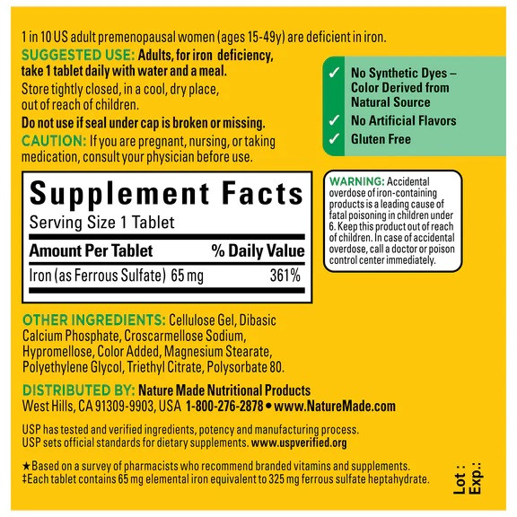 آهن 65 میلی گرم نیچرمید (۳۶۵عددی)Nature Made Iron 65 mg Tablets