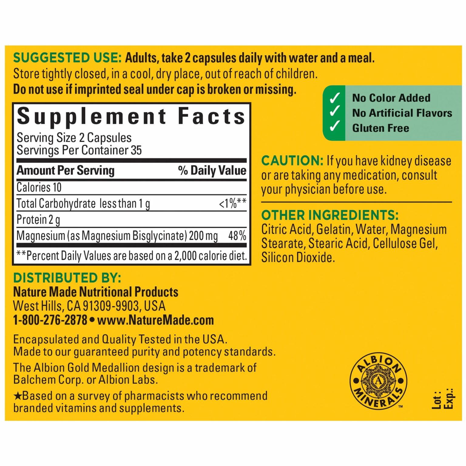  منیزیم گلیسینات 200 میلی گرم نیچرمید۷۰عددی High Absorption Magnesium Glycinate Capsules 200 mg Nature Made