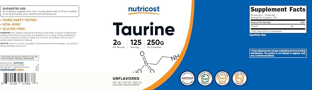 پودرتائورین ۲۵۰گرمی ناتری کاست Nutricost Taurine Powder