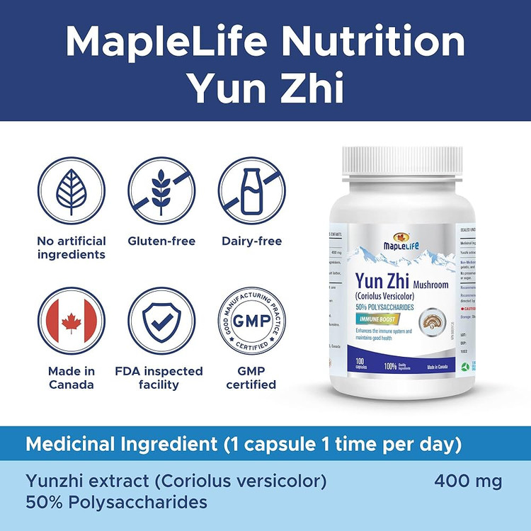 قارچ یونژی زیمیپل لایف MapleLife Nutrition® - Yunzhi Mushroom 400mg for immune system - 100 Capsules