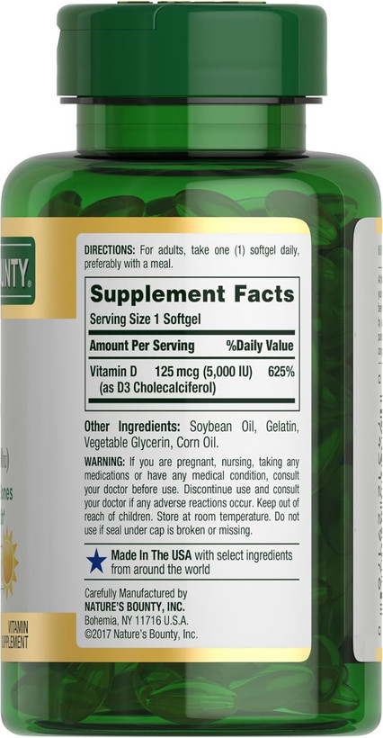 ویتامین د۳ D3 نیچرز بونتی ۵۰۰۰ واحد – ۲۴۰ عدد سافتژل Nature’s Bounty Vitamin D3 5000 IU