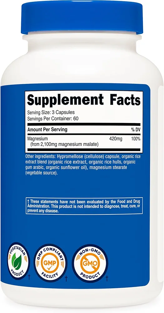 منیزیم مالات ناتری کاست (۱۸۰عددی)Nutricost Magnesium Malate 420mg, 180 Capsules -