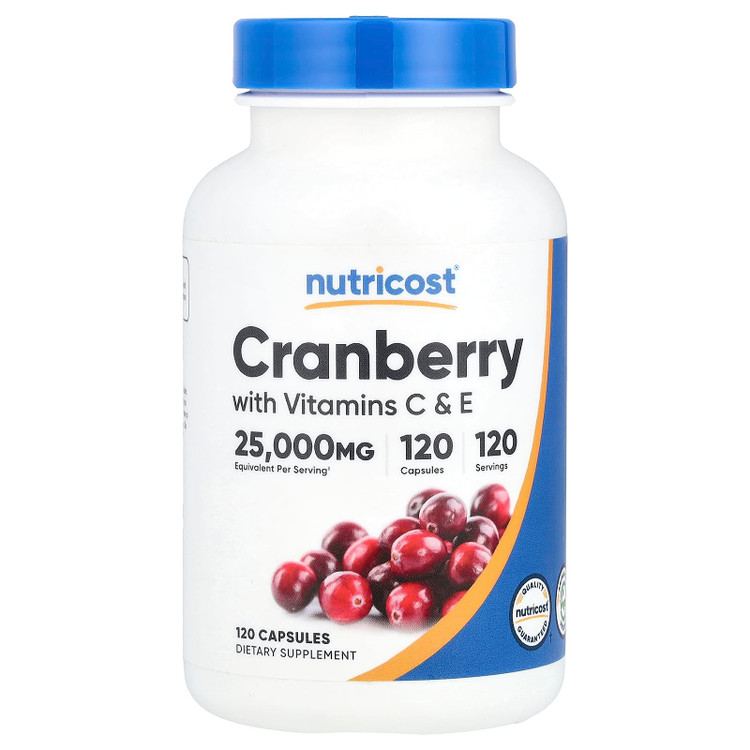 کرنبری با ویتامینهای C و E ناتریکاست | سلامت مجاری ادراری و سیستم ایمنی | ۱۲۰ عدد کپسول Nutricost Cranberry with Vitamins C & E | 25,000 mg Equivalent Per Serving | 120 Capsules | Urinary Tract & Immune Support