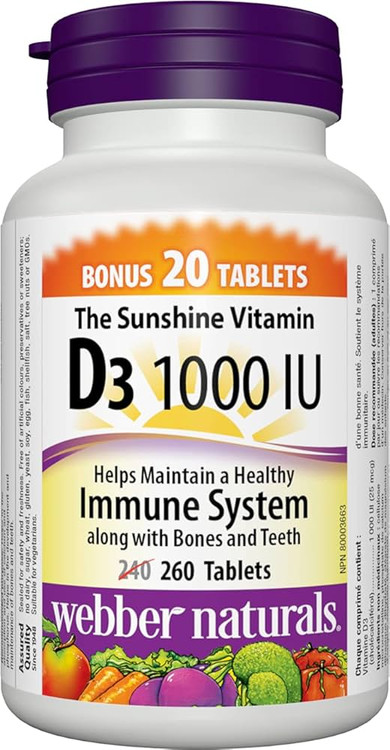 ویتامین D3 ۱۰۰۰ واحد بینالمللی وبر نچرالز – ۲۶۰ عددی Webber Naturals Vitamin D3 1000 IU – 260 Tablets (Bonus Pack)