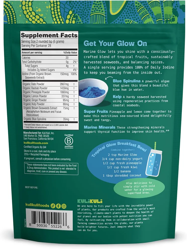 پودر گیاهی سوپرفود کولی کولیKULI KULI Organic Marine Glow Superfood Blend, 6 OZ