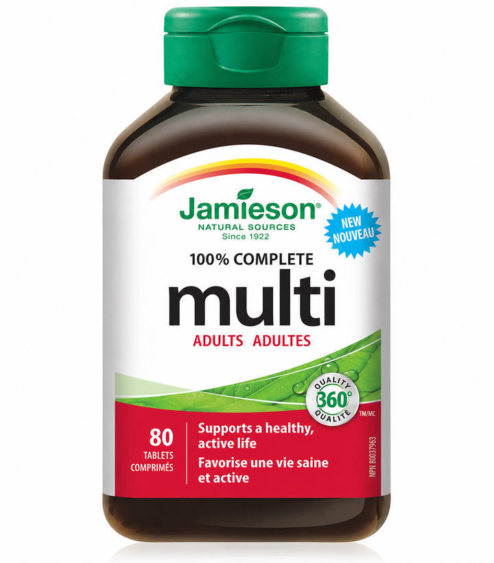 مولتیویتامین ادالت جیمیسون ۸۰ عددی Jamieson 100% Complete Multi for Adults – 80 Tablets معرفی محصول: مولتیویتامین ادالت جیمیسون ترکیبی از ویتامینها، مواد معدنی و ترکیبات مغذی را برای تأمین بخشی از نیازهای روزانه بدن فراهم میکند. این محصول برای حمایت از سلامت عمومی بدن، متابولیسم انرژی، عملکرد سیستم ایمنی و سلامت پوست، مو، استخوانها و سیستم عصبی طراحی شده ان - کمک به متابولیسم طبیعی انرژی و کاهش احساس خستگی ناشی از کمبود برخی ویتی سیمولتیویتامین ادالت جیمیسون ۸۰ عددی Jamieson 100% Complete Multi for Adults – 80 Tablets